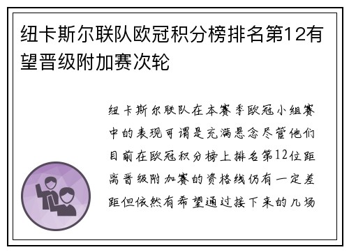 纽卡斯尔联队欧冠积分榜排名第12有望晋级附加赛次轮 纽卡斯尔联队欧冠积分榜排名第12有望晋级附加赛次轮